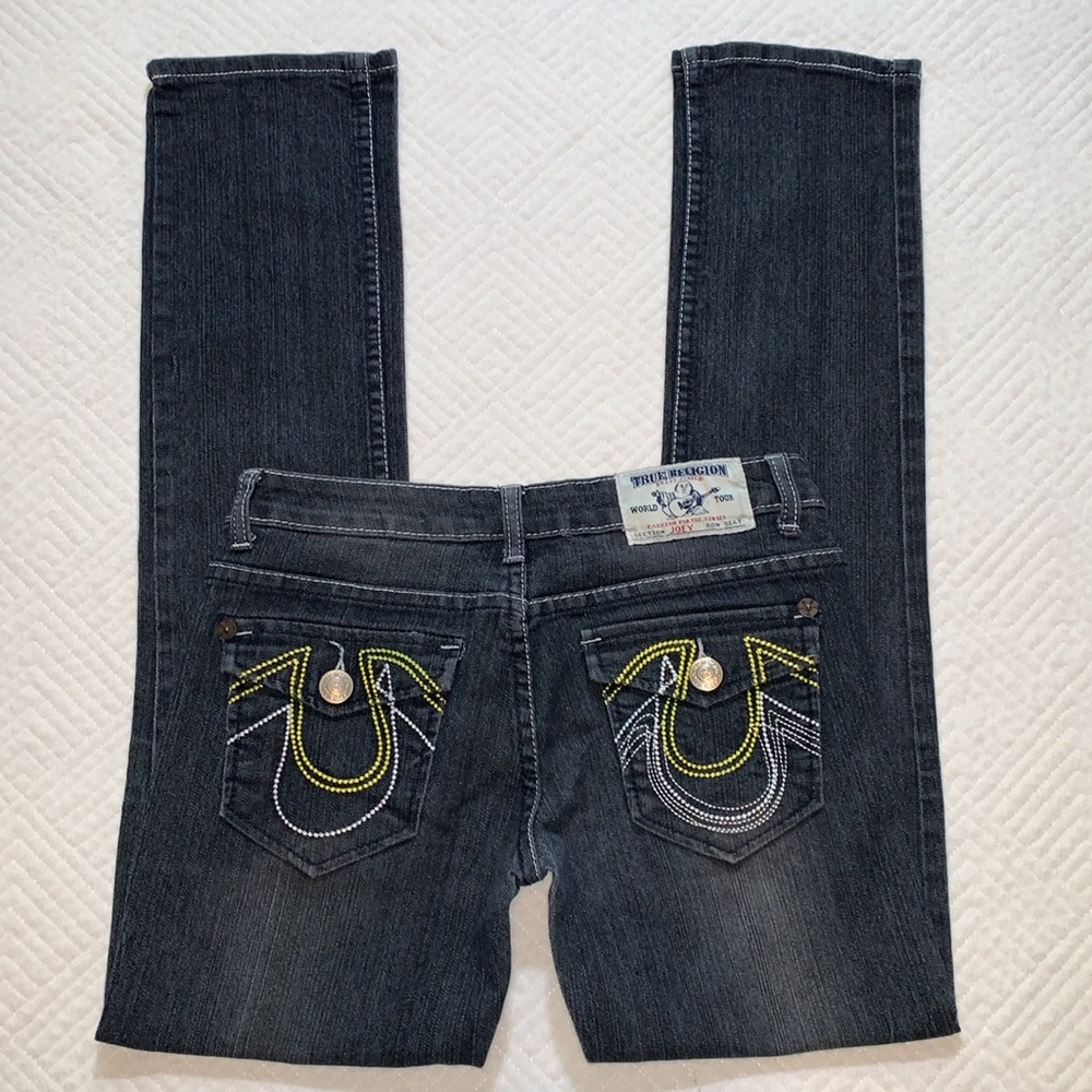 True Religion Joey Jeans, Dark Wash, Yellow & White Stitch Flap Pockets, Size 26